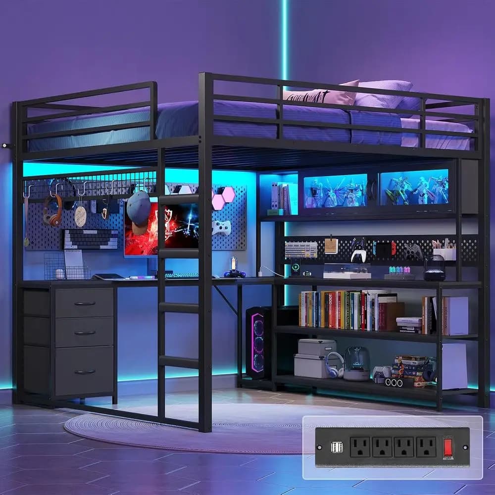 Scrivania a L per Gaming con Letto Integrato, Hutch RGB in Acrilico, Presa di Sicurezza, Struttura in Metallo, Cassetti Contenitori, Scaffali, Ringhiera, Scala, ID