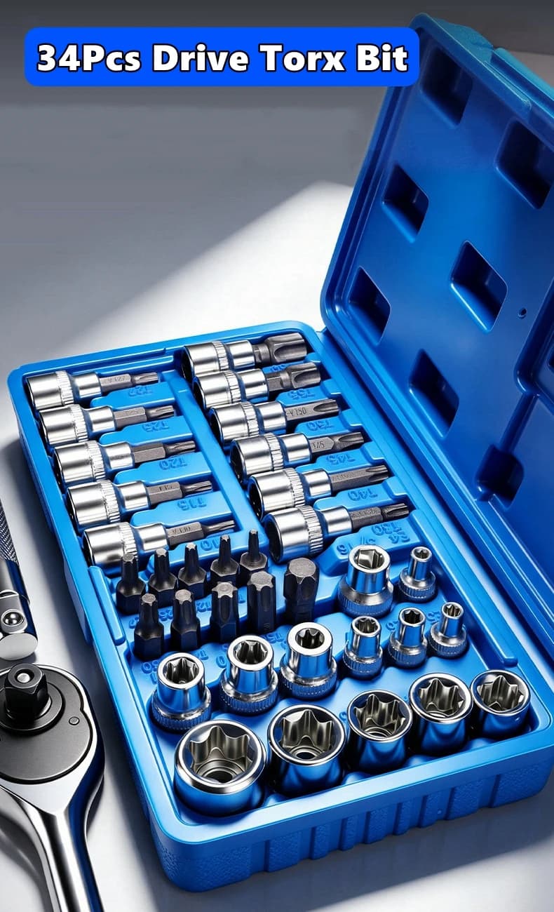 Professional 34 Pieces Drive Torx Bit Socket and E-Torx (Star) Socket Set,CR-V & S2 Steel, E4-E20, T10-T60, Tamper Proof T10-T55