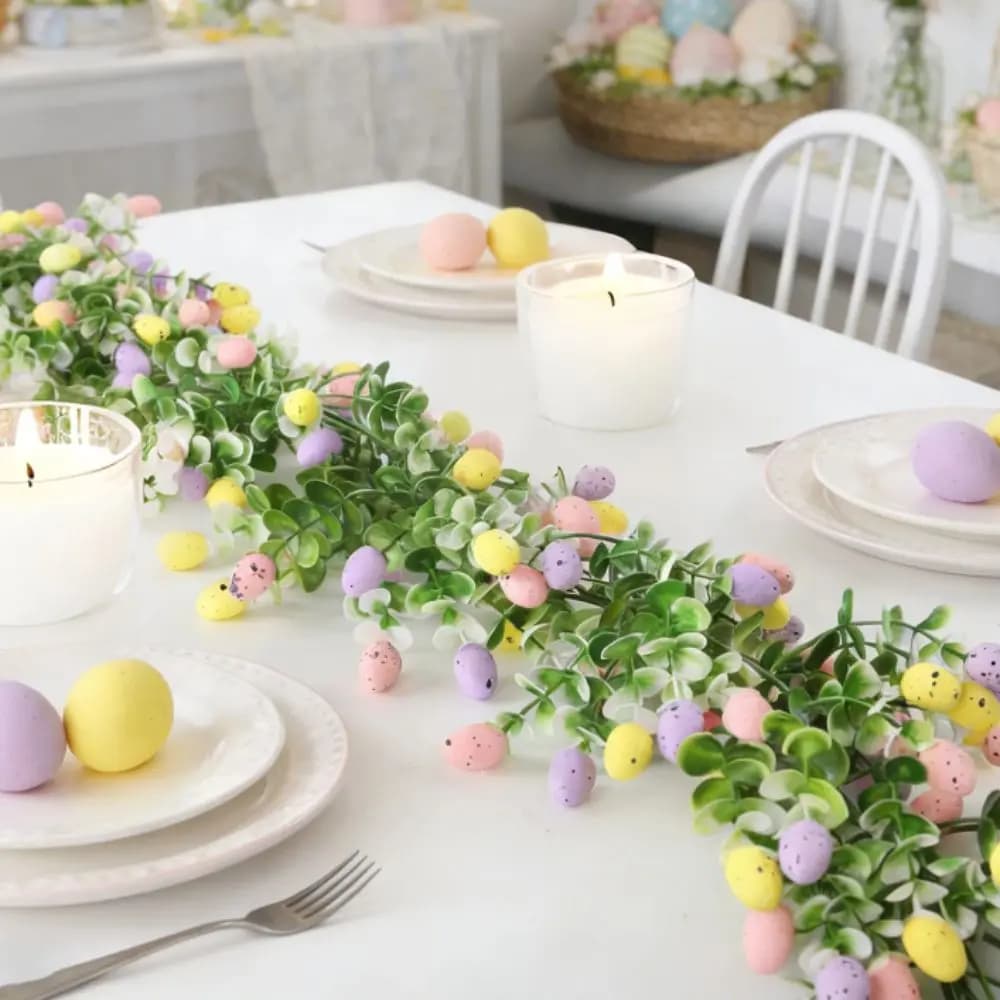 Easter Garland with Artificial Eggs, Colorful Design, Eucalyptus Leaves, Egg Decoration on Artificial Green Eucalyptus Faces