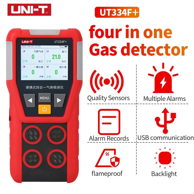 UNI-T UT334F Multi Rilevatore di Gas Misuratore di Gas O2 H2S CO LEL Ossigeno Idrogeno Solforuro Monossido di Carbonio Rilevatore di Fughe di Gas Combustibile