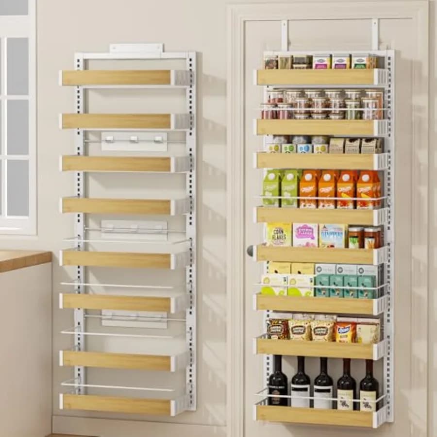 Kitchen organizer at 8 levels to hang at the door, 2 in 1, to be mounted to wall or hang, shelf for spices and dressings with adjustable basket on the back.