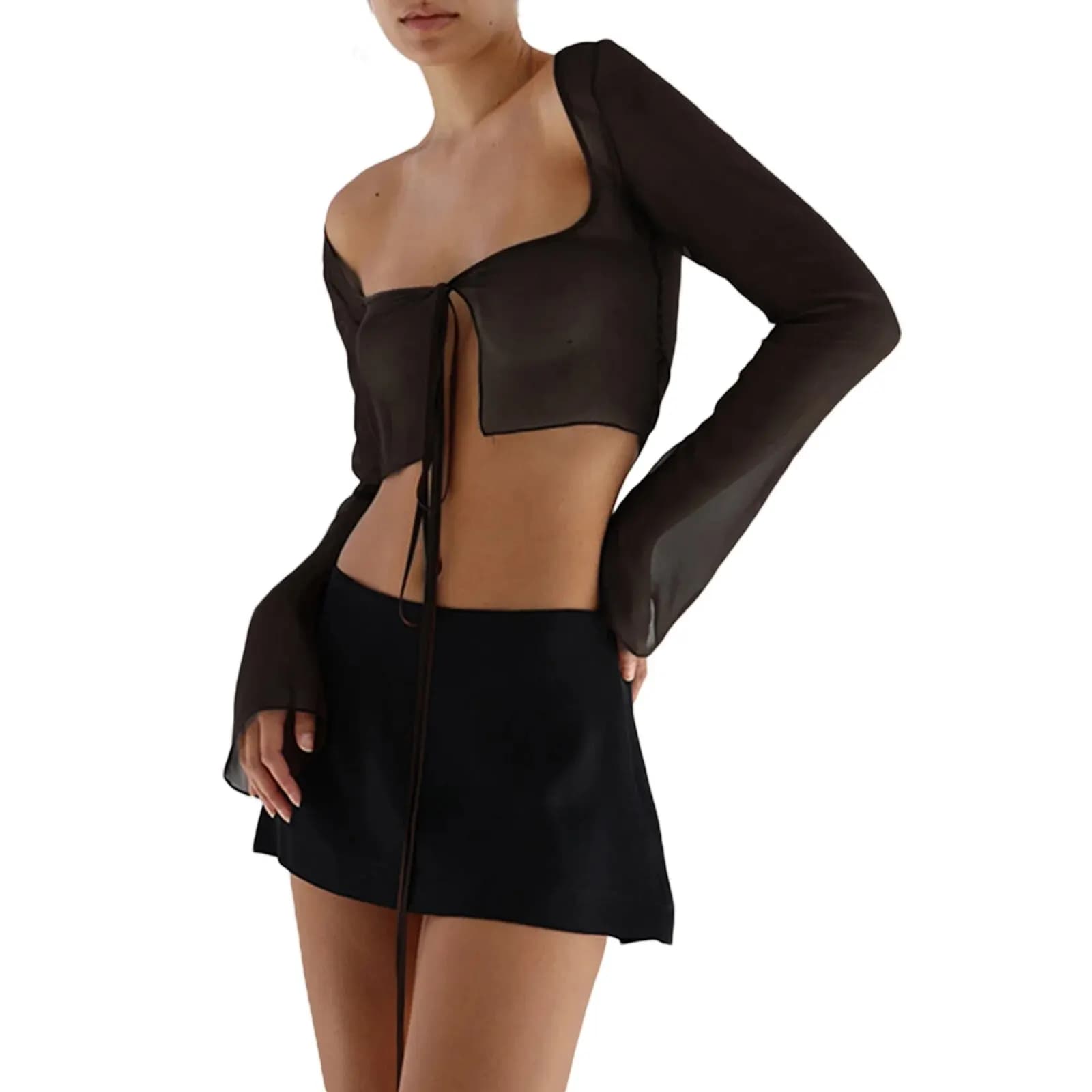 Women's short top with long sleeves transparent cardigan with lacing in solid color T-shirt transparent in net sexy summer streetwear