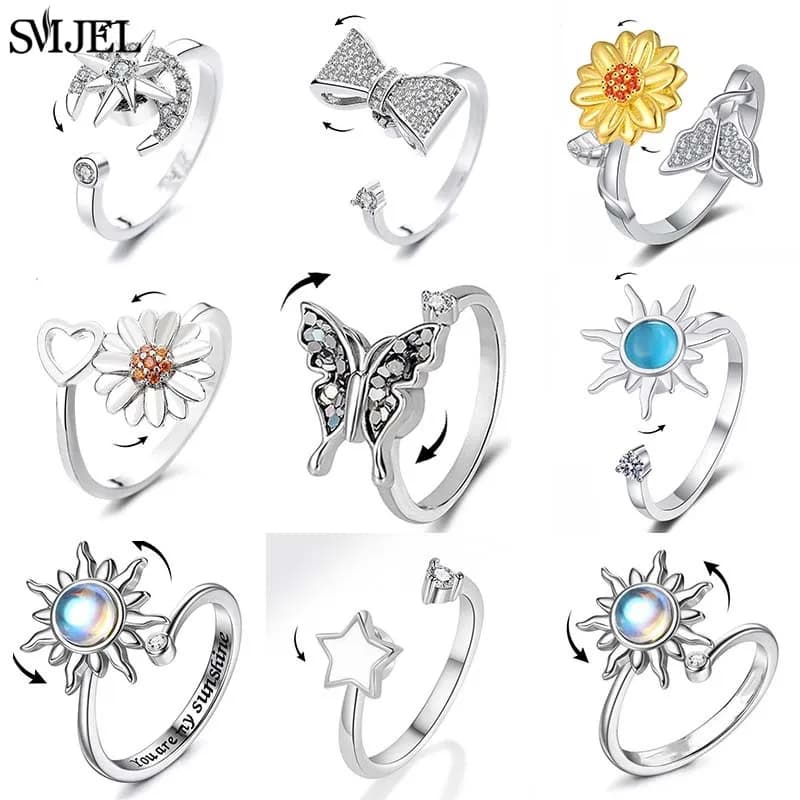 Anello di lusso con stella di cristallo e luna Anello di ansia Fidget Spinner Anelli per le donne Anello coreano con farfalla e girasole Party Bague antistress