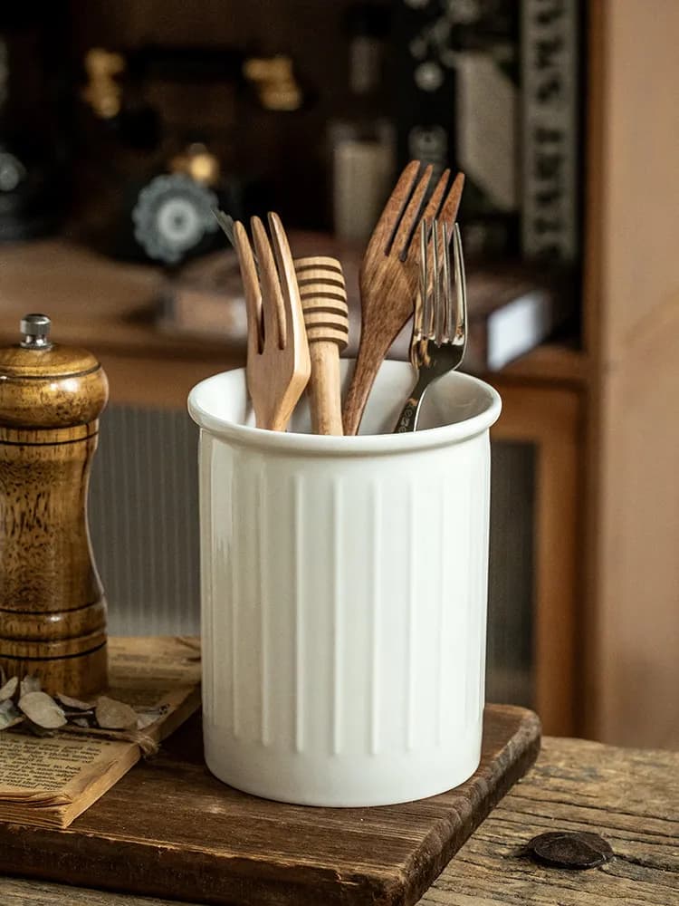 Minimalist Embossed White Ceramic Utensil Holder, Kitchen Knife Fork Spoon Storage Jar, Decorative Vase & Ornament