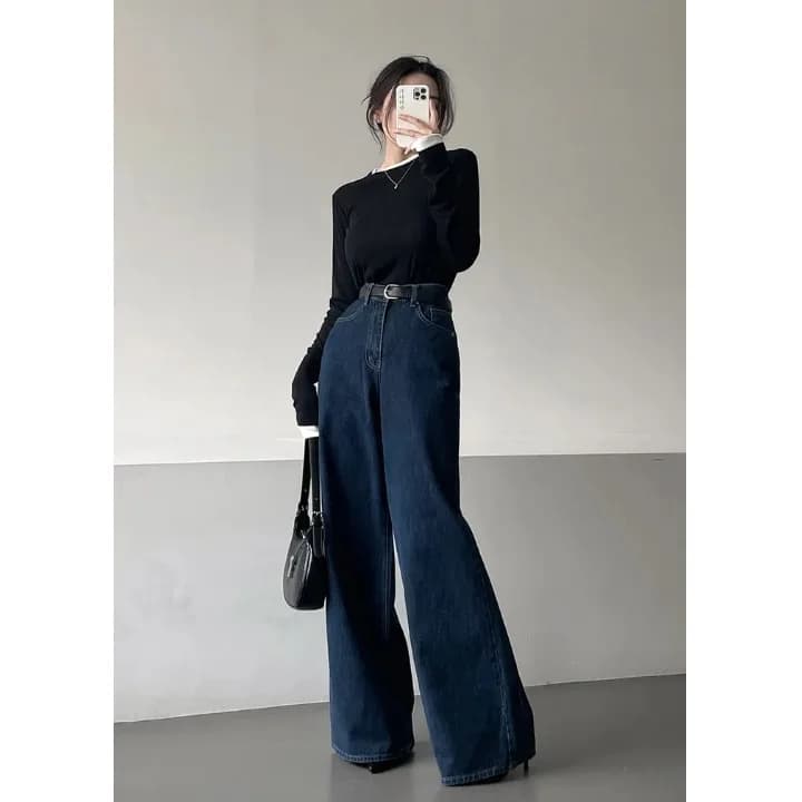 High Waist Wide Leg Jeans Women's Loose Fit Straight Leg Deep Blue Long Pants Pear Shape Body Slimming Summer New Arrival