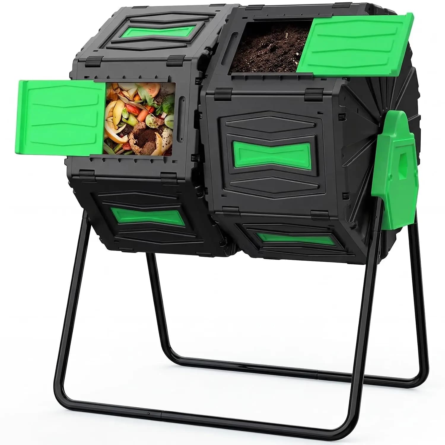 Compost Tumbler, 45-Gal Dual Chamber Compost Bins, BPA-Free Tumbling Composting Bins with 2 Sliding Doors and Metal Frame,Easy