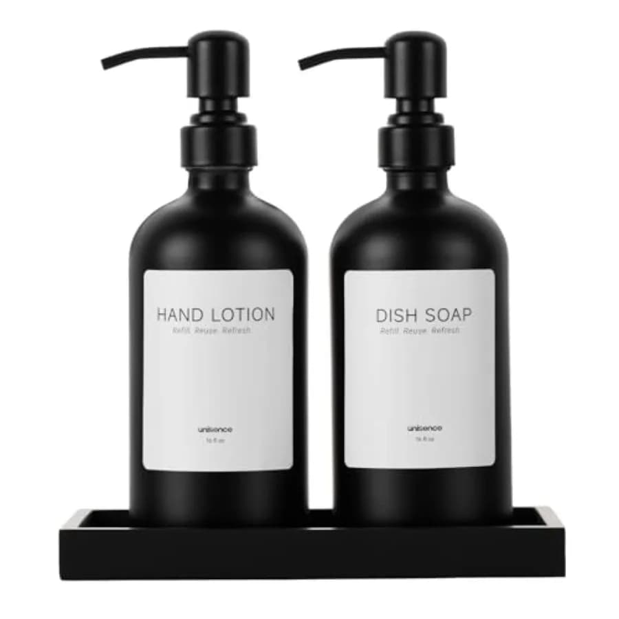 Set di 2 Dispenser di Sapone in Vetro per Cucina, Dispenser per Sapone Mani e Piatti con Pompa in Acciaio Inox e Vassoio in Resina, Rental-Mod