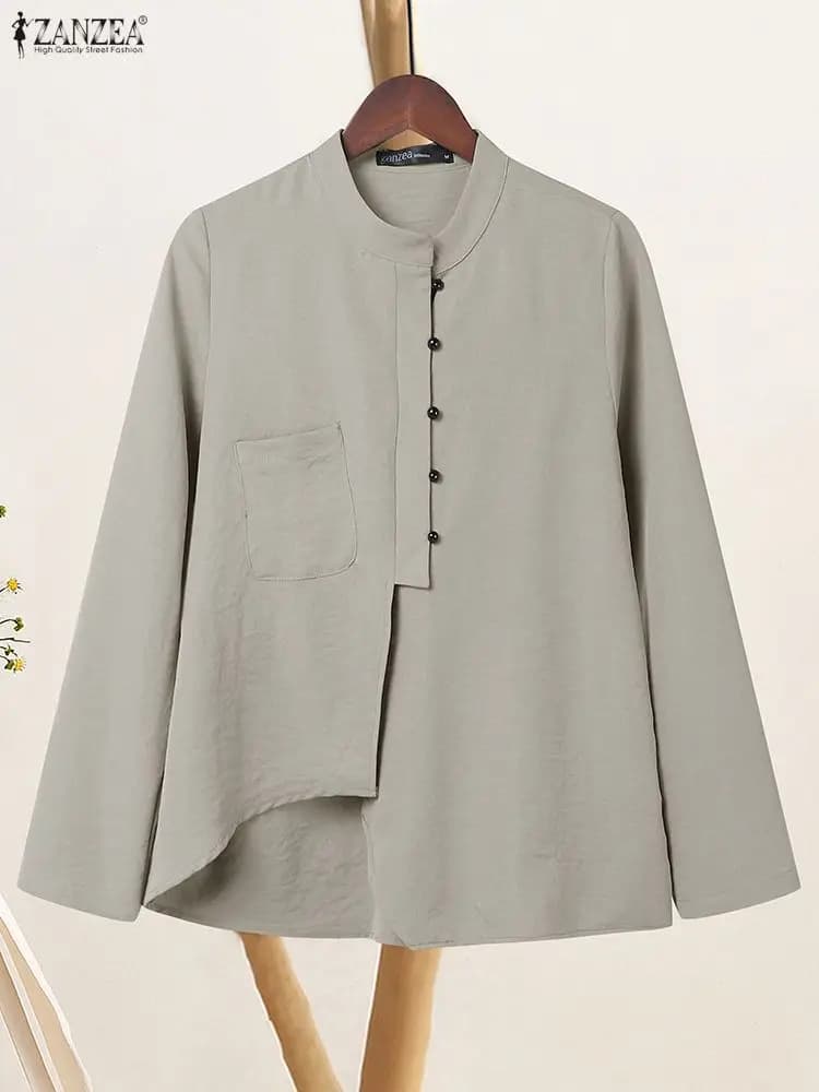 2025 ZANZEA Donna Autunno Camicetta a maniche lunghe Casual Bottoni solidi Camicia Elegante Stand Collo OL Top da lavoro Camicie irregolari Oversize