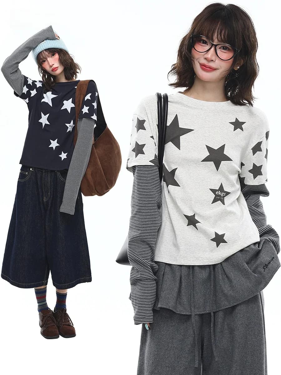 Sanowers Casual Style Long Sleeve T-Shirt Women's Loose Fashionable Layered Y2K Top Cultural Star Stripe Print Spring Autumn