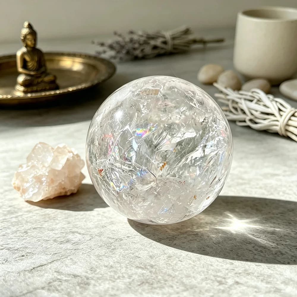 Natural Clear Quartz Sphere with Rainbow Inclusion, Hand‑Carved Raw Crystal Ball for Spiritual Home Aesthetic Collectible Decor