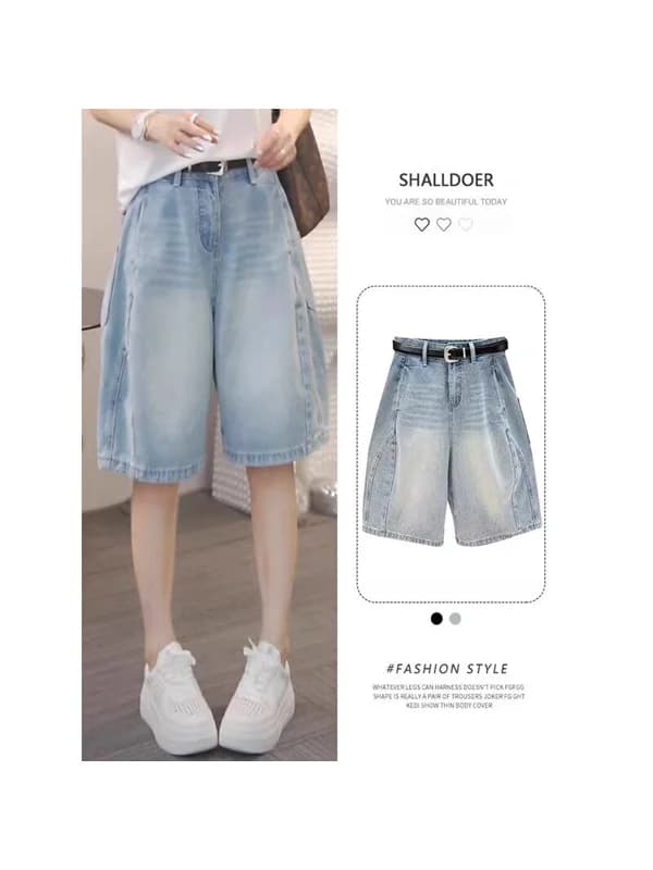 High Waist Loose Fit Women's Denim Shorts Summer Cool Feeling Material Wide Leg Jeans A-Line Mid-Length for plus Size