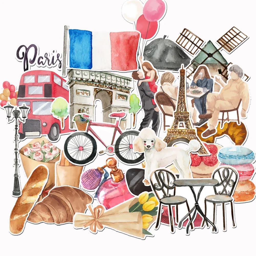 Set di 25 adesivi da viaggio in Francia, disegni ad acquerello per cancelleria, diari, quaderni, laptop, bottiglie d'acqua e scrapbooking