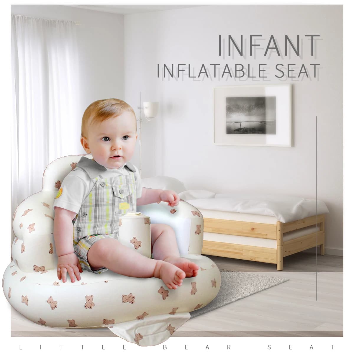 Sedile Gonfiabile per Neonati, Divano a Forma di Orsetto per Bambini da 3-12 Mesi, con Pompa d'Aria Integrata e Supporto Lombare in PVC