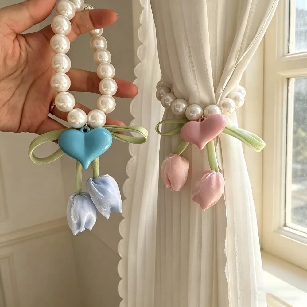 Fermacurtain Regolabile a Tulipano in Garza, Cordino Decorativo per Tende, Fibbia per Tende con Perle, Eleganti Cinghie per Tende con Fiori