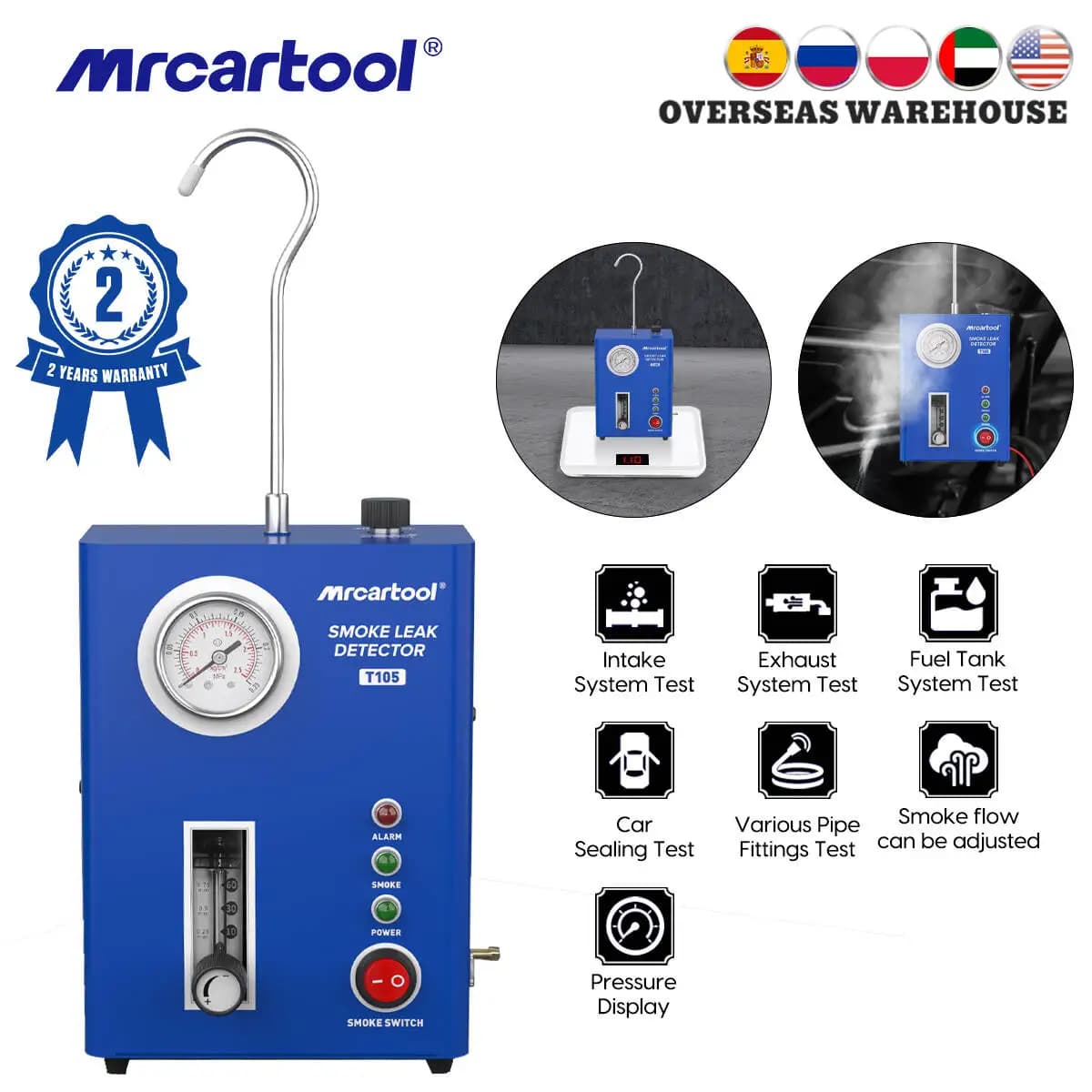 MR CARTOOL T105 Automotive Smoke Machine Leak Detector 12V Built-in Air Pump EVAP Vacuum Fuel Pipe Exhaust Tester Diagnostic Tool