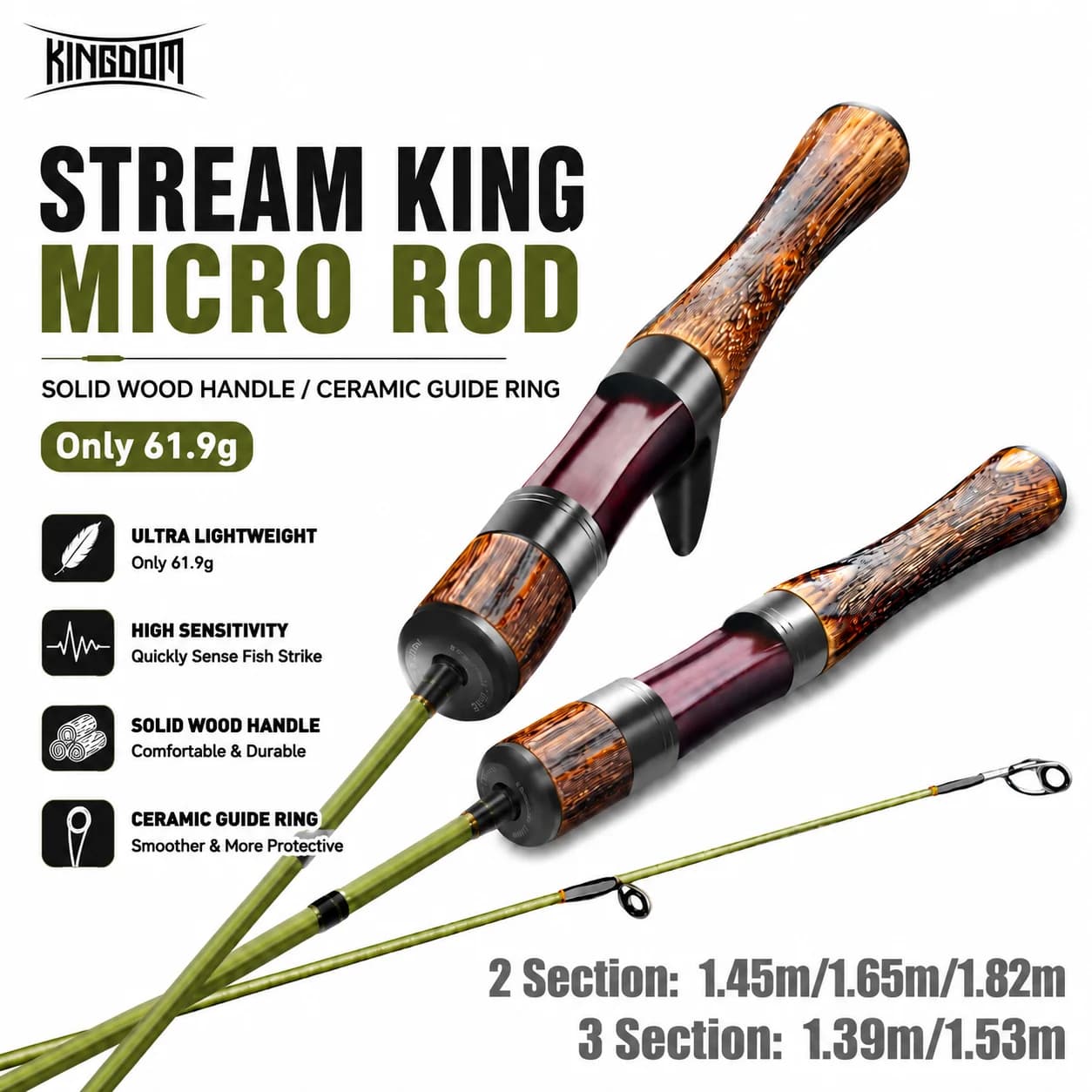 Fishing rod Spinning Kingdom 61.9g Ultralight carbon barrel 2 sections MF Action UL L power 3 sections Travel rod for launch