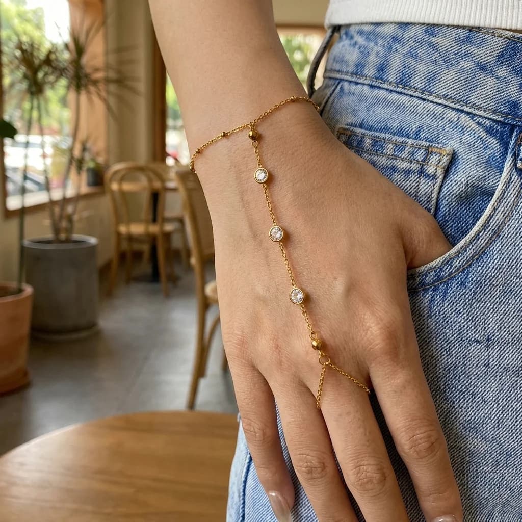 Elegante Bracciale a Catena con Zirconi per Donne, Anello in Acciaio Inossidabile, Gioiello da Mano Delicato e Impilabile