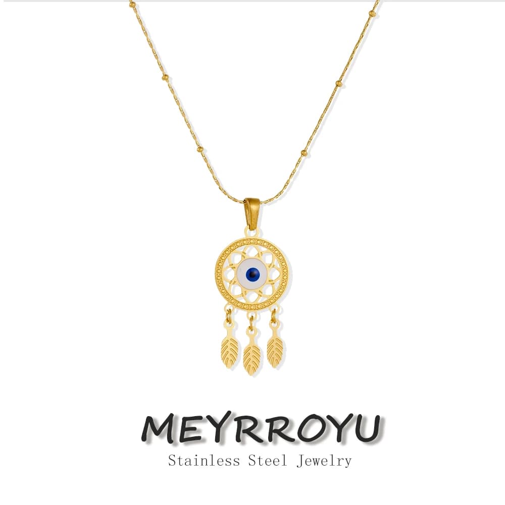 MEYRROYU 316L Stainless Steel The Evil Eye Dream Catcher Feather Zircon Pendant Necklace Lady Waterproof New Neck Chain Jewelry