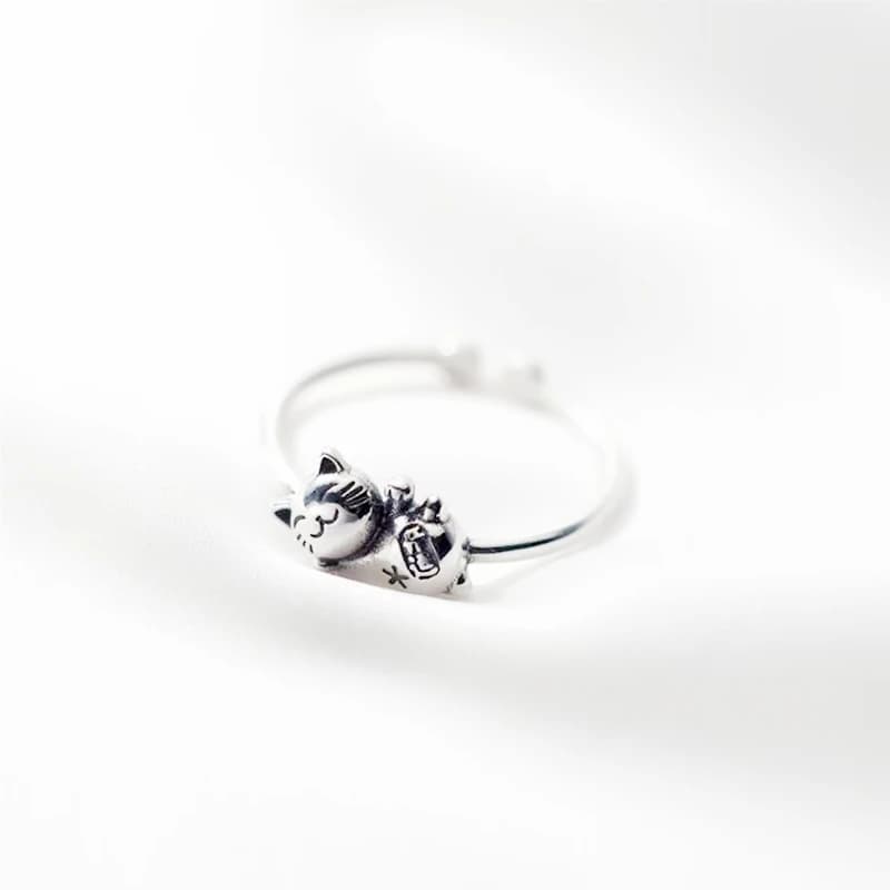 Vintage Thai Silver Cat Sweet 925 Sterling Silver Female Resizable Opening Rings RI1013