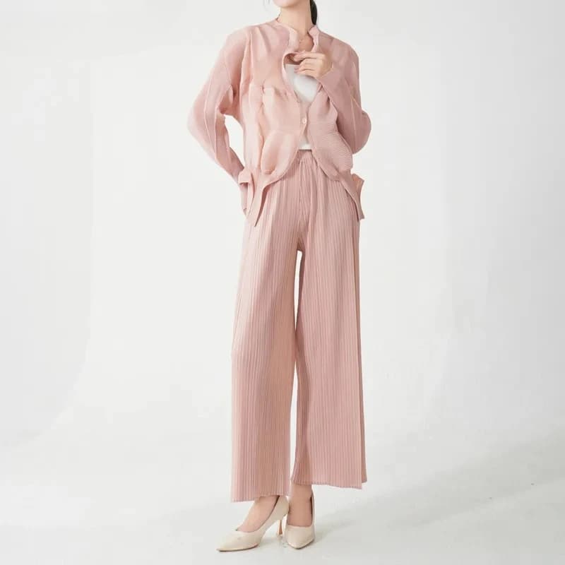 YUDX Miyake Casual Pleated Set 2025 Summer New Women's Irregular Long Sleeve Jacket Solid Color Straight Pants 2-Piece Set