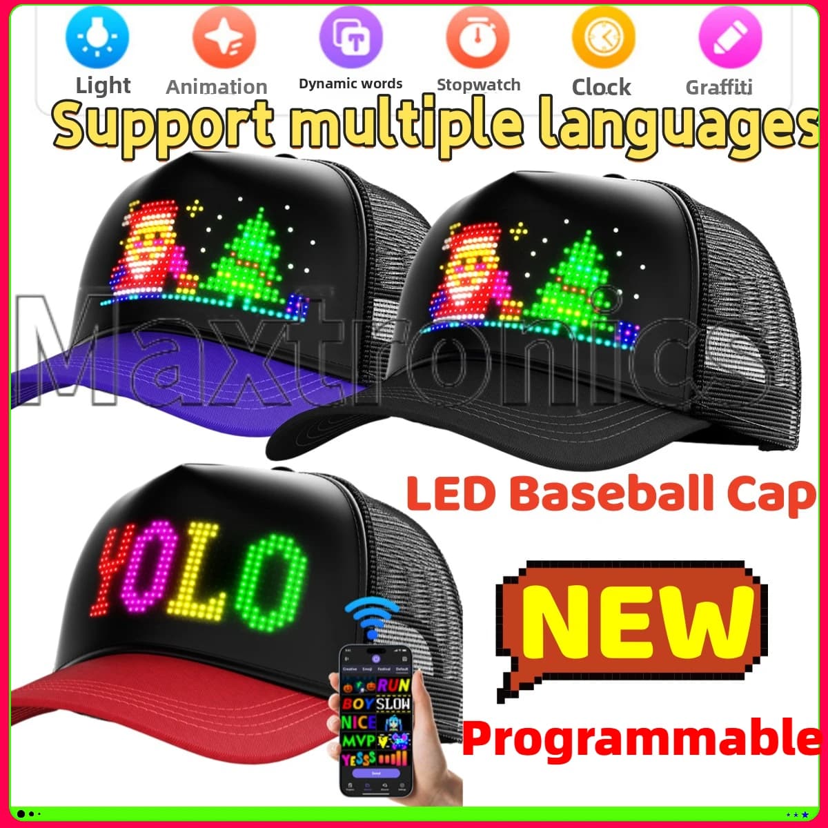 Cappellino da Baseball LED Multilingue con App Bluetooth, Ricaricabile, Programmabile, con Schermo a Scorrimento per Messaggi e Atmosfera, per Uomini e Donne, LED per Feste