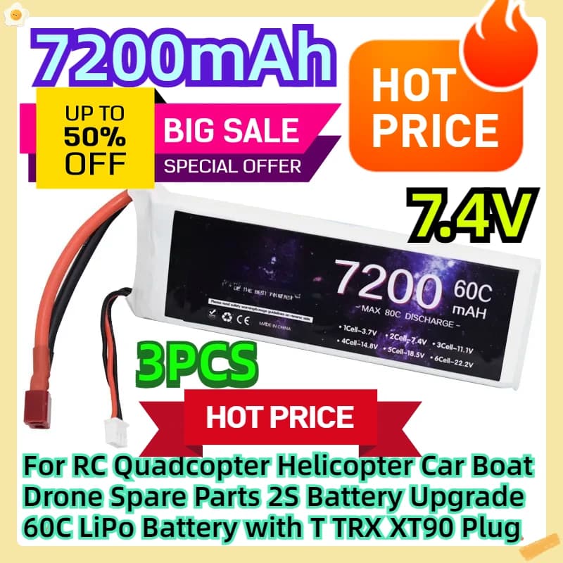 Batteria LiPo 2S 7200mAh 7.4V 60C con Connettore T TRX XT90 per Ricambi RC Quadricottero, Elicottero, Auto, Barca, Drone