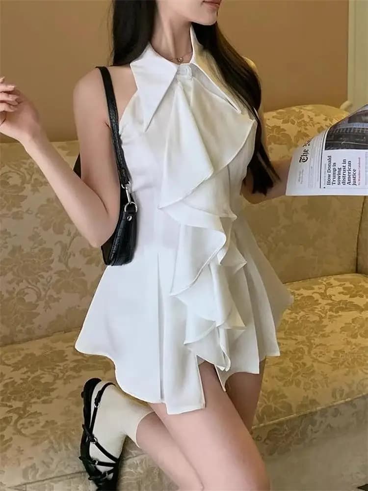Camicetta senza maniche con volant Top bianco da donna estiva francese elegante da donna di media lunghezza slim canotta tinta unita