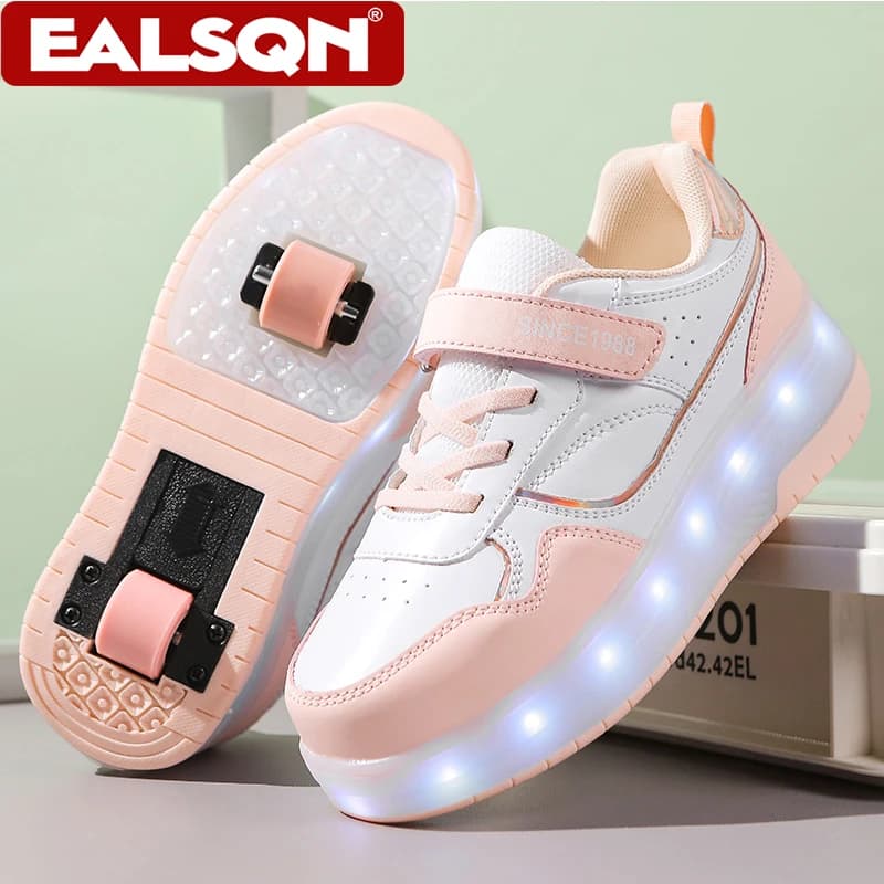 Luminous Skating Shoes for Children with 2 Removable Wheels, Rechargeable USB Lights Sneakers, Skateboard Shoes for Kids and Girls