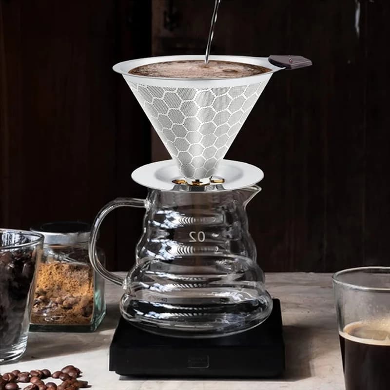 CKFAM-Pour Over Filtro per caffè Gocciolatore Riutilizzabile in acciaio inossidabile Caffettiera a cono Filtri a rete per caffè per 1-4 tazze