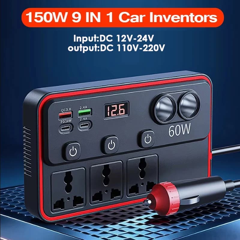 Inverter di Potenza per Auto 150W da 12V-24V a AC 110V-220V, Caricatore per Telefono PD e QC3.0, Doppia Porta Accendisigari con Voltmetro