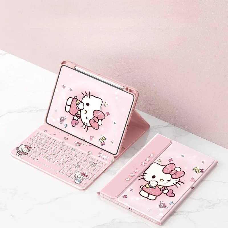 Custodia per Tablet Hello Kitty con Tastiera Wireless per iPad 11ª Gen A16 Air7/6 Pro 11 pollici, 10ª Gen 10.9, Air4 5, 9ª Gen 10.2 pollici, Custodia Girevole