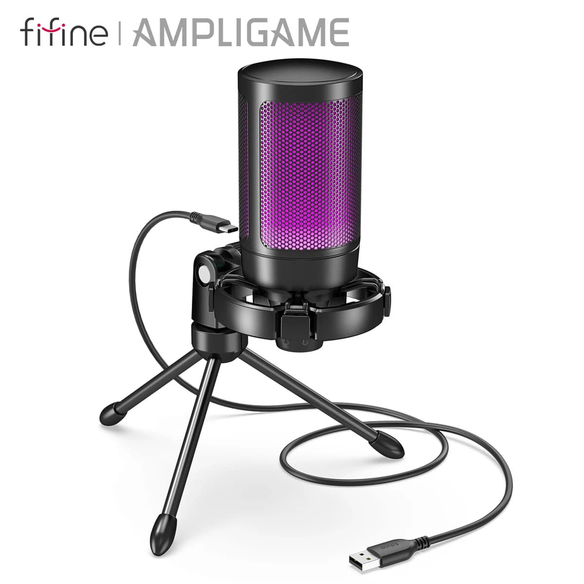 AmpliGame by FIFINE Microfono da gioco USB RGB con muto touch leggero, microfono a condensatore con treppiede per PC, PS4/5, laptop Streaming-A2