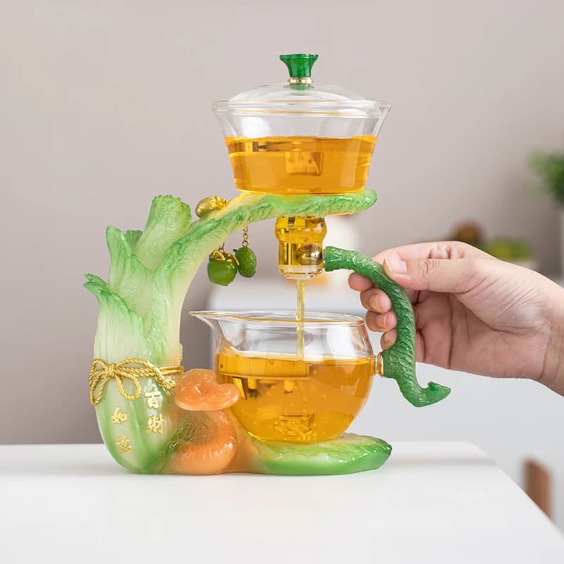 1 set di set da tè pigro magnetico-forma di cavolo creativo, teiera in vetro automatica, tazza da tè, lattina da tè, vassoio da tè tè cinese Kung Fu