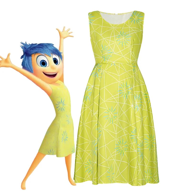 Film Joy Disgust Costume Cosplay Donna Bambini Abito giallo senza maniche Cartoon Joy Disgust Outfit Abito di compleanno di carnevale di Halloween