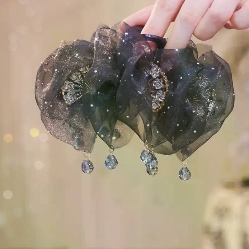 Sweet Mesh Tulle Tassels Hair Claw For Women Temperament Shining Zircon Ponytail Shark Clip Princess Headdress Hair Accessories