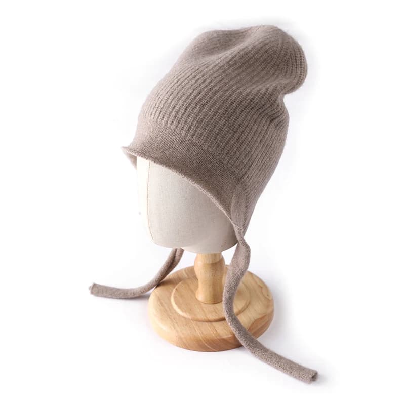 Winter Women's 100% Wool Knitted Hat Solid Color Striped Drawstring Pullover Hat Soft And Warm Ski Cap Ear Protection Hat