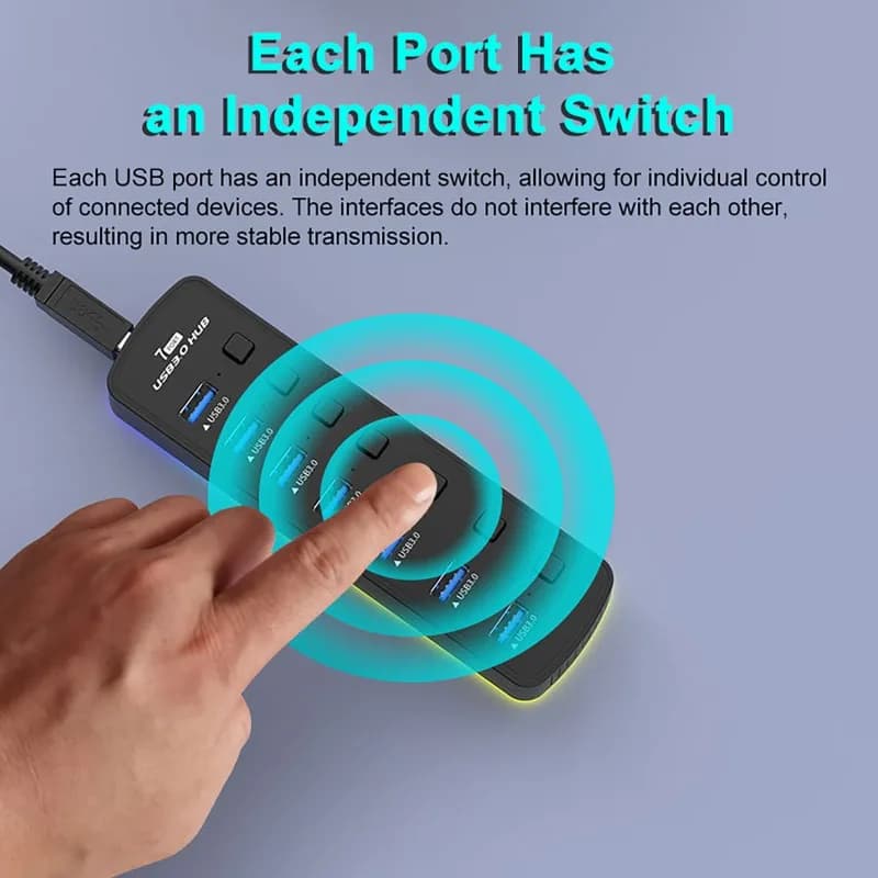 Hub USB 3.0 a 7 Porte, Splitter 5Gbps, Convertitore per Computer, Espansore con Interruttori Individuali On/Off, Hub USB per Gaming per Laptop e PC
