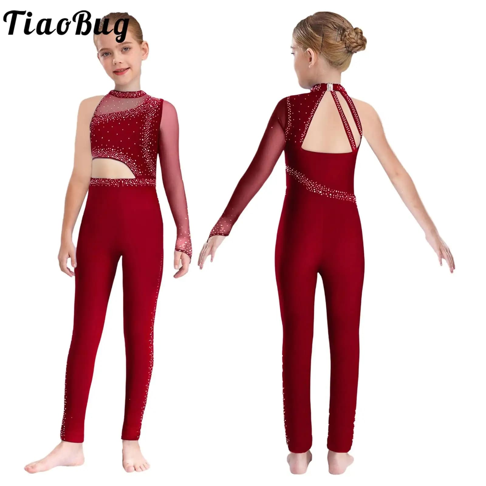 Bambini Ragazze Strass Lucido Pattinaggio di Figura Ginnastica Body Monospalla Balletto Danza Acrobazie Yoga Allenamento Body