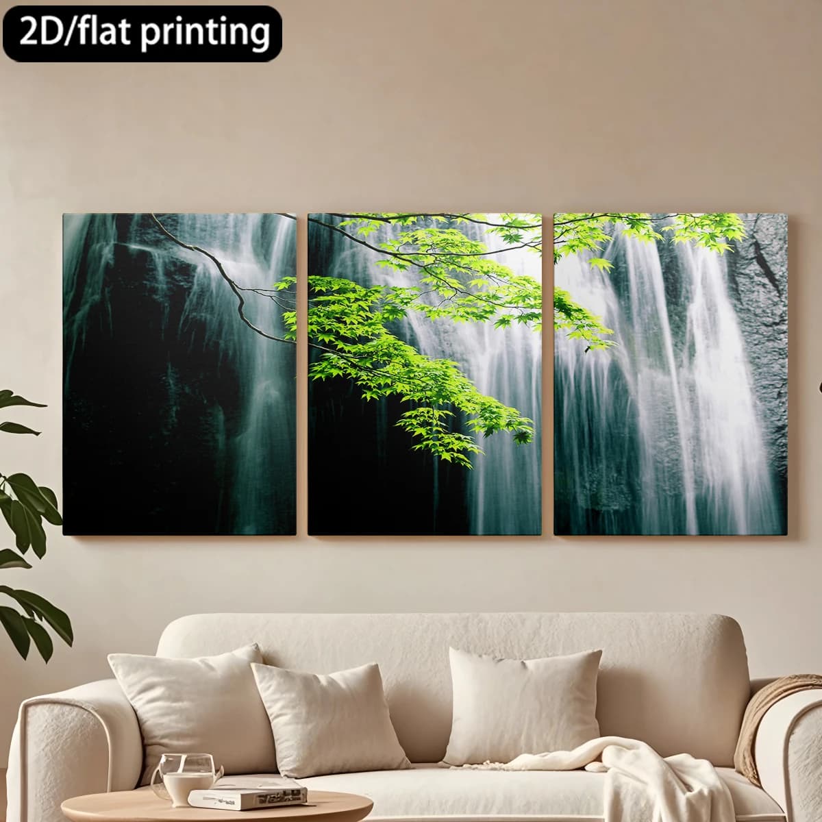Dipinto decorativo su tela con cornice in legno, 3 pezzi. Cascata, foglie verdi vibranti, natura. Decorazione per corridoio e camera da letto.