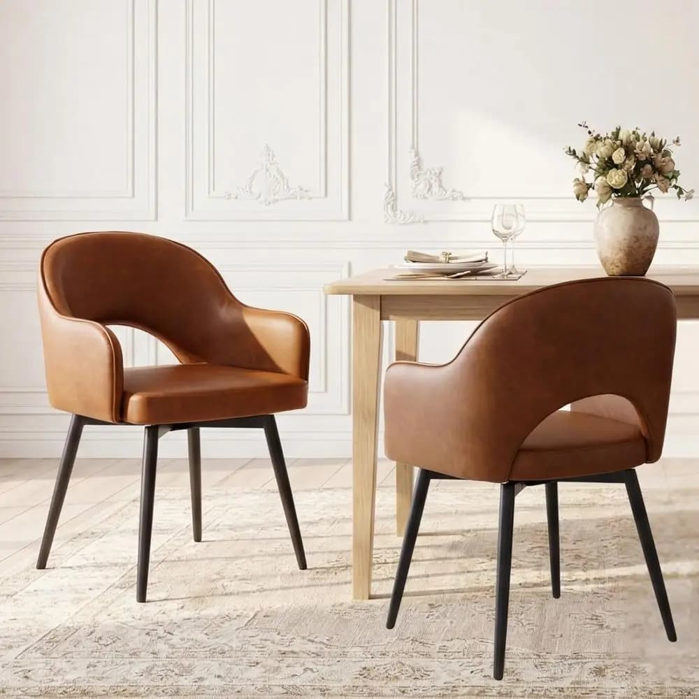 Set di 2 sedie da pranzo girevoli moderne in pelle PU con gambe in metallo per cucina o soggiorno, marrone
