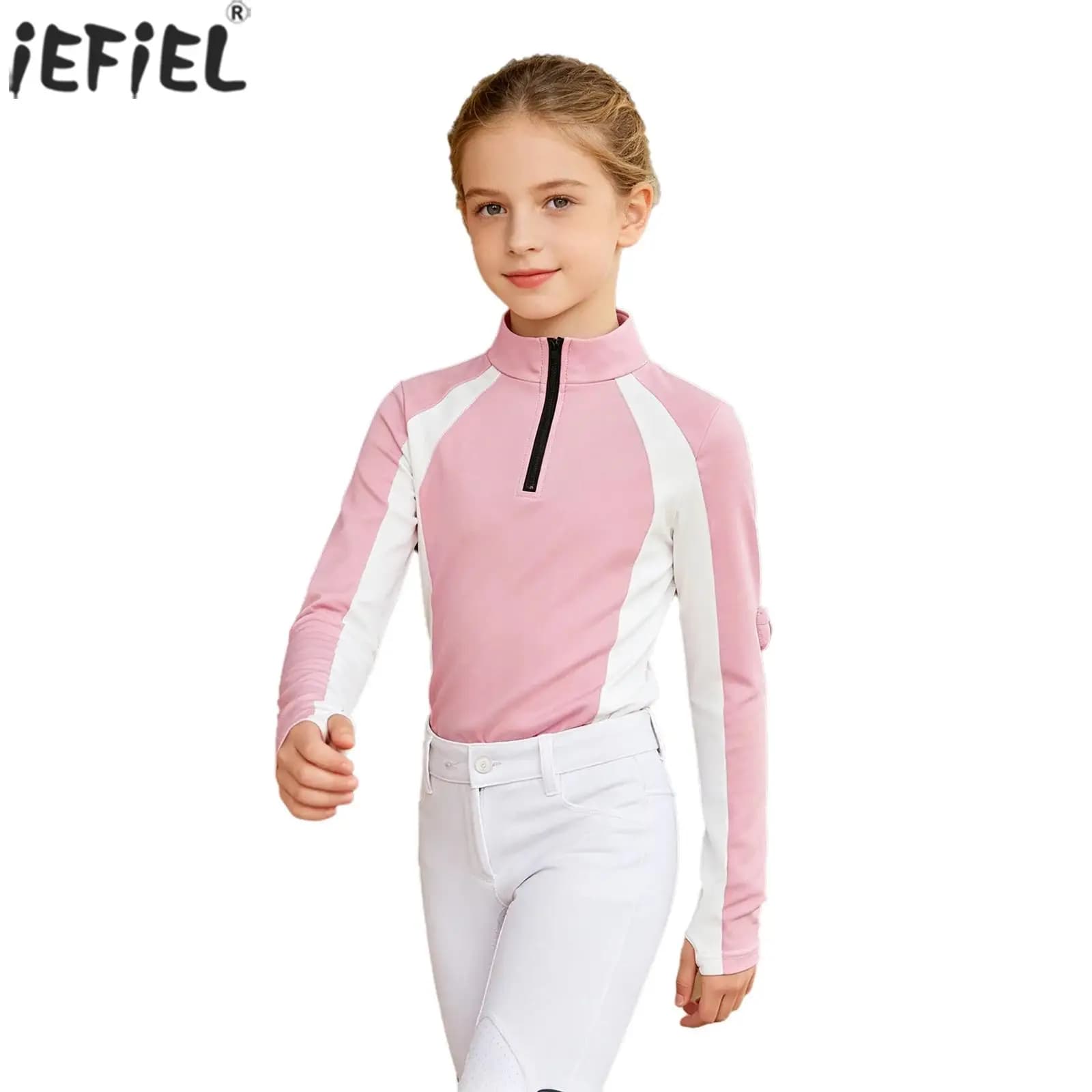 Magliette da equitazione per bambine, abbigliamento equestre a maniche lunghe con mezza zip, ad asciugatura rapida, per equitazione, golf e sport.