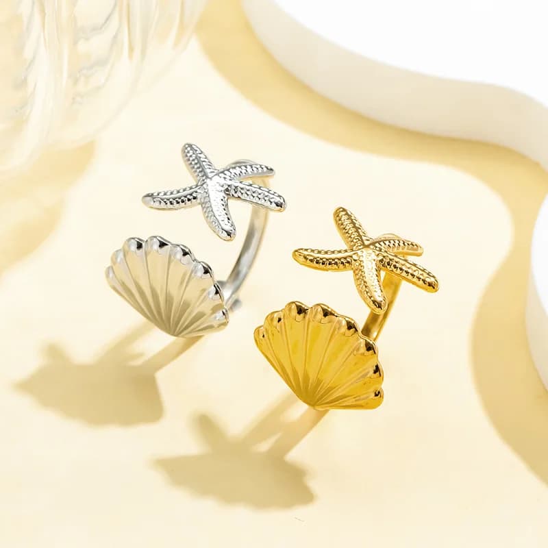 Adjustable Open Starfish Shell Ring for Women, Summer Ocean Beach Stainless Steel Statement Finger Ring, Gold Silver Two Tone INS Tropical Marine Style Stackable Jewelry