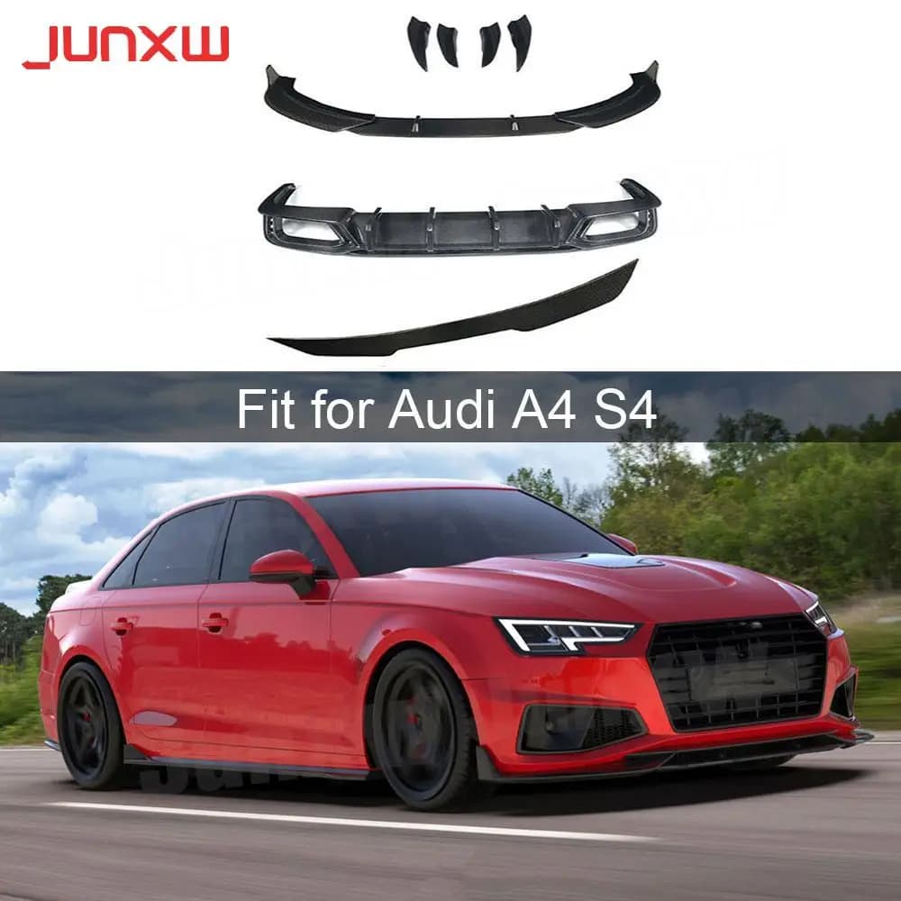 Kit Carrozzeria in Fibra di Carbonio Secca: Labbro Anteriore, Minigonne Laterali, Spoiler Posteriore, Diffusore Posteriore per Audi A4 S4 B10 2019 - Styling Auto