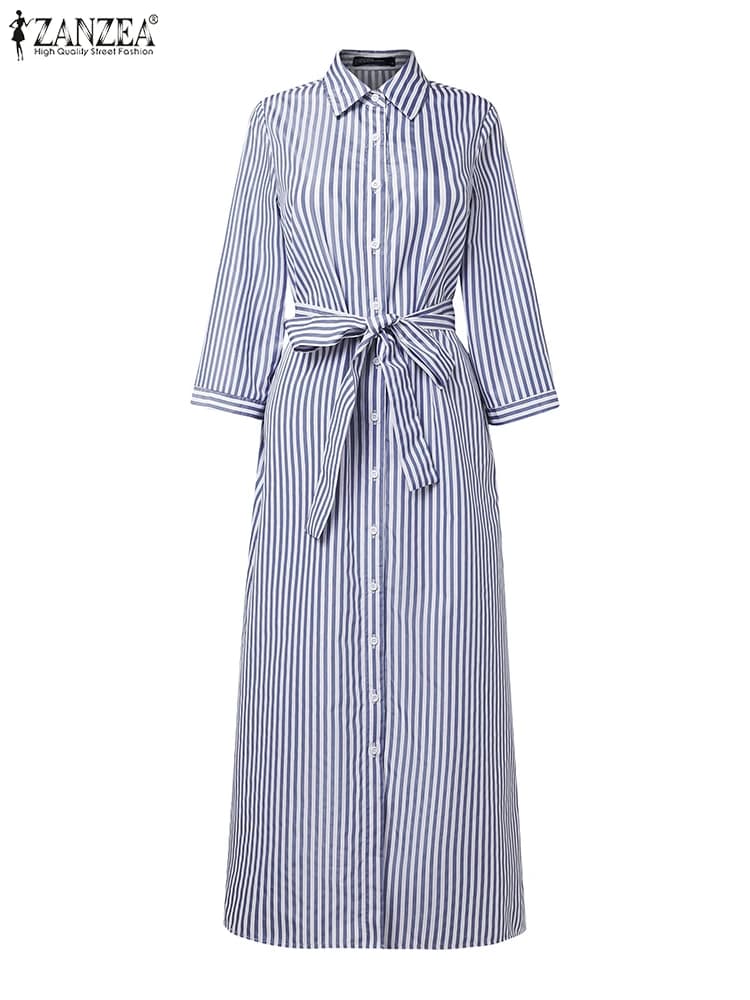 Women Autumn Dresses 2025 ZANZEA Office Stripe Shirt Dress Elegant Lapel Neck Long Sleeve Belted Robe Stylish OL Work Sundress