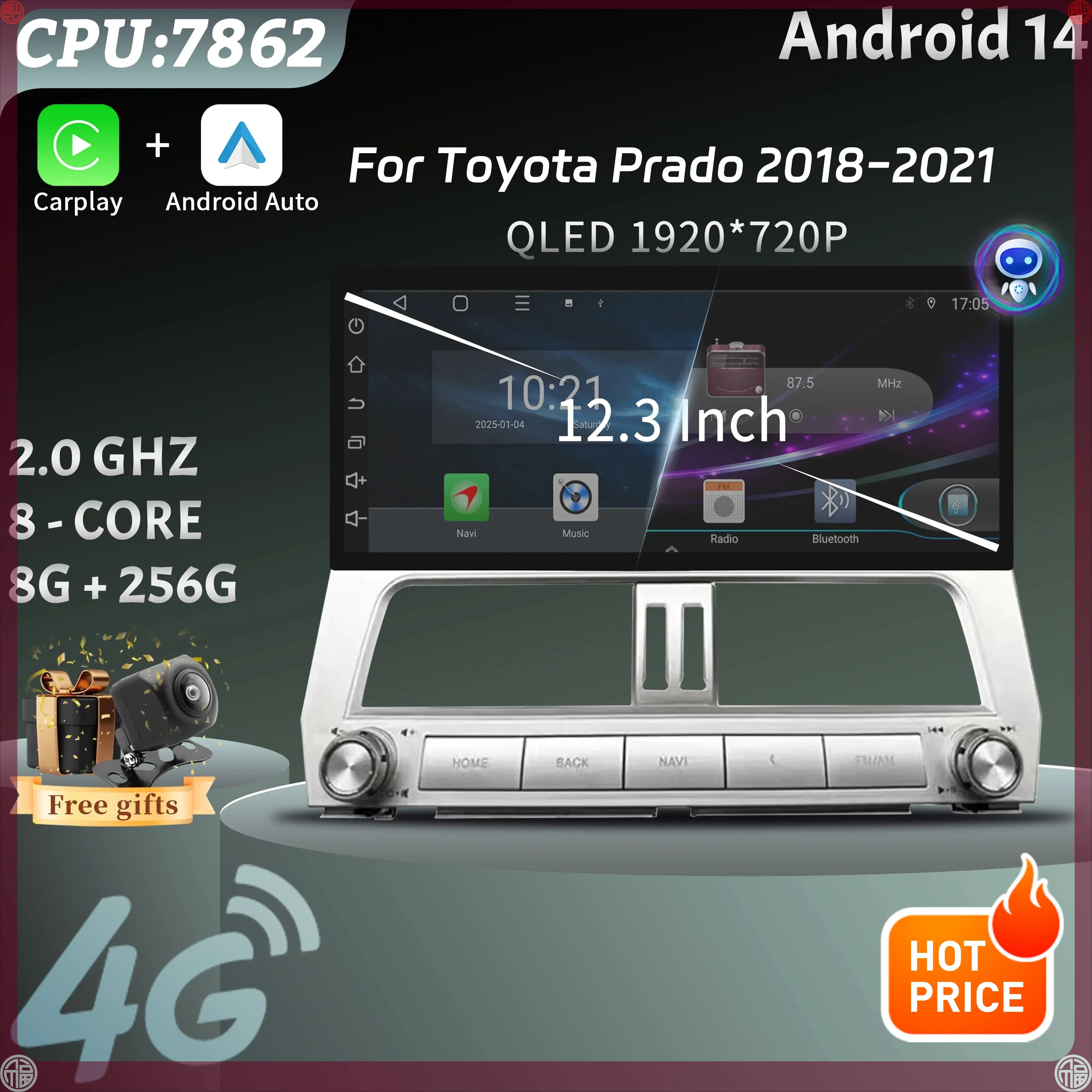 12.3inch Car Radio Multimedia 4G GPS Multimedia Wireless Bluetooth Carplay Touch Head Unit Screen For Toyota Prado 2018-2021