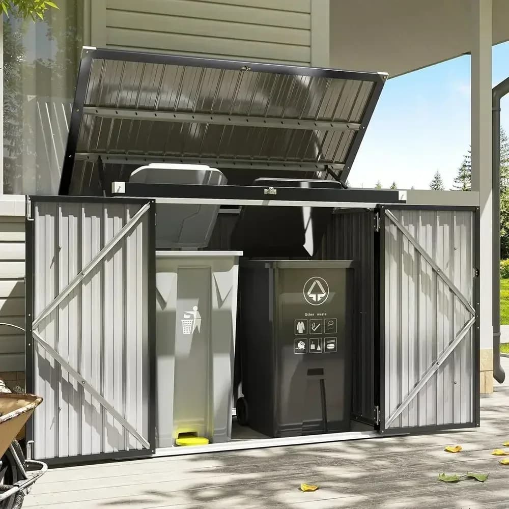 Outdoor Storage Shed for Trash Cans with Pneumatic Lid Support and Waterproof Design