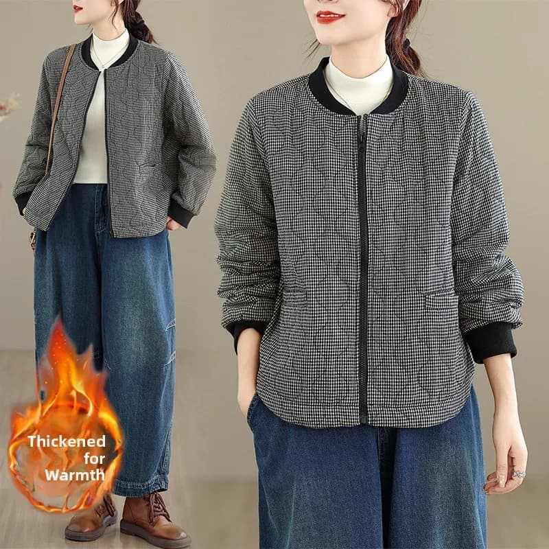 High-End Retro Plaid Baseball Jacket Women's Winter Cotton Coat Warm Fluffy Women's Loose Fit Slimming Top