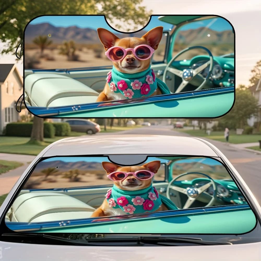 1 pezzo, parasole design sciarpa per auto vintage Chihuahua alla moda per parabrezza auto, visiera pieghevole funzionale, ideale per l'uso quotidiano, Lon