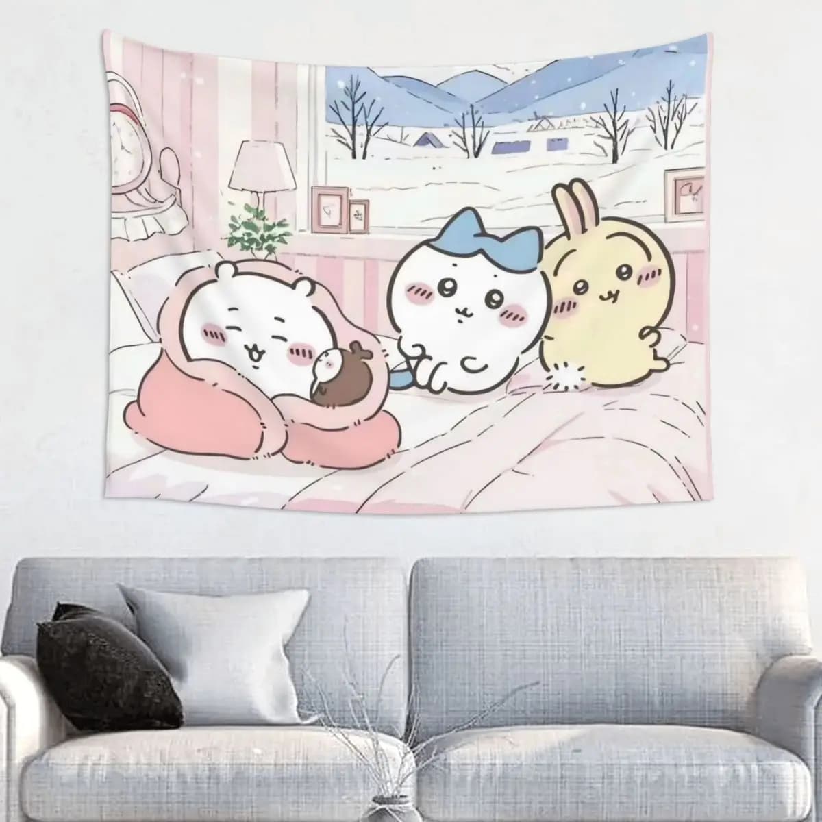 Chiikawas Catoon Tapestry Wall Hanging Printed Fabric Tapestries Bed Bohemian Blanket Wall Decor Yoga Mat