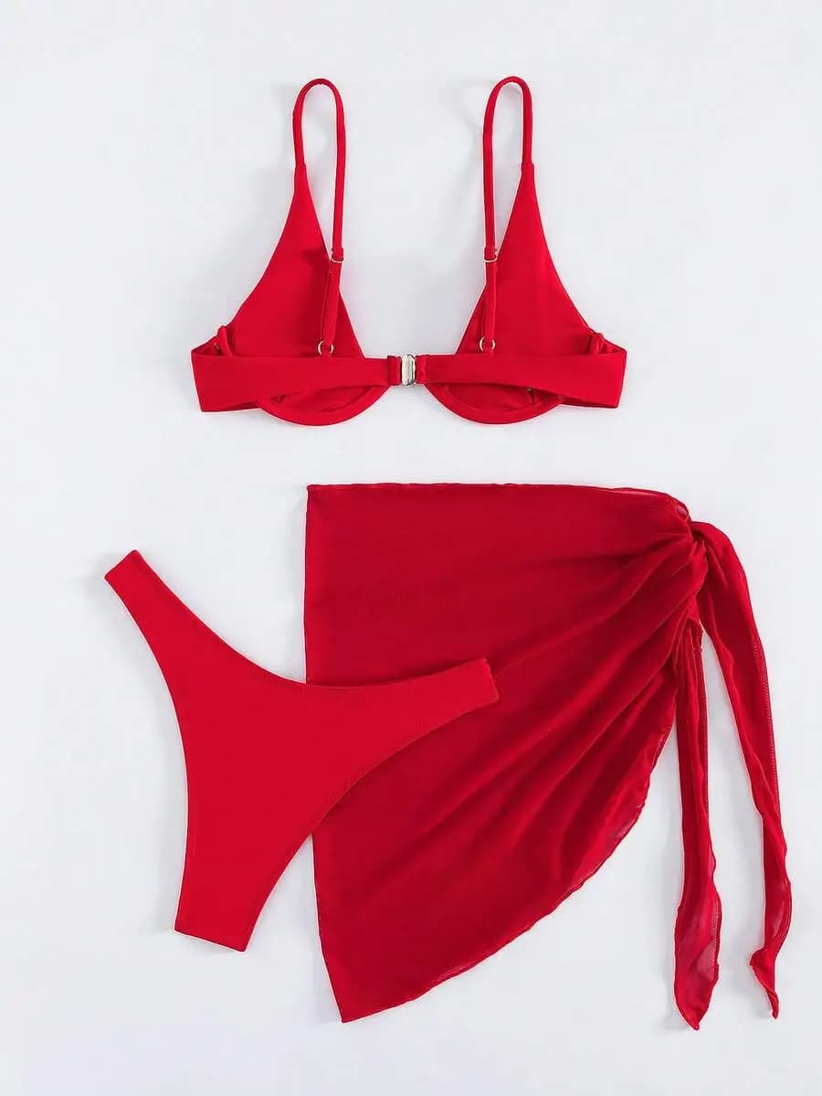 Costume da bagno a tre pezzi da donna in tinta unita con gonna copricostume